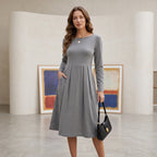 Women's Casual Long Sleeve Midi Dress with Pockets – Versatile for Every Occasion