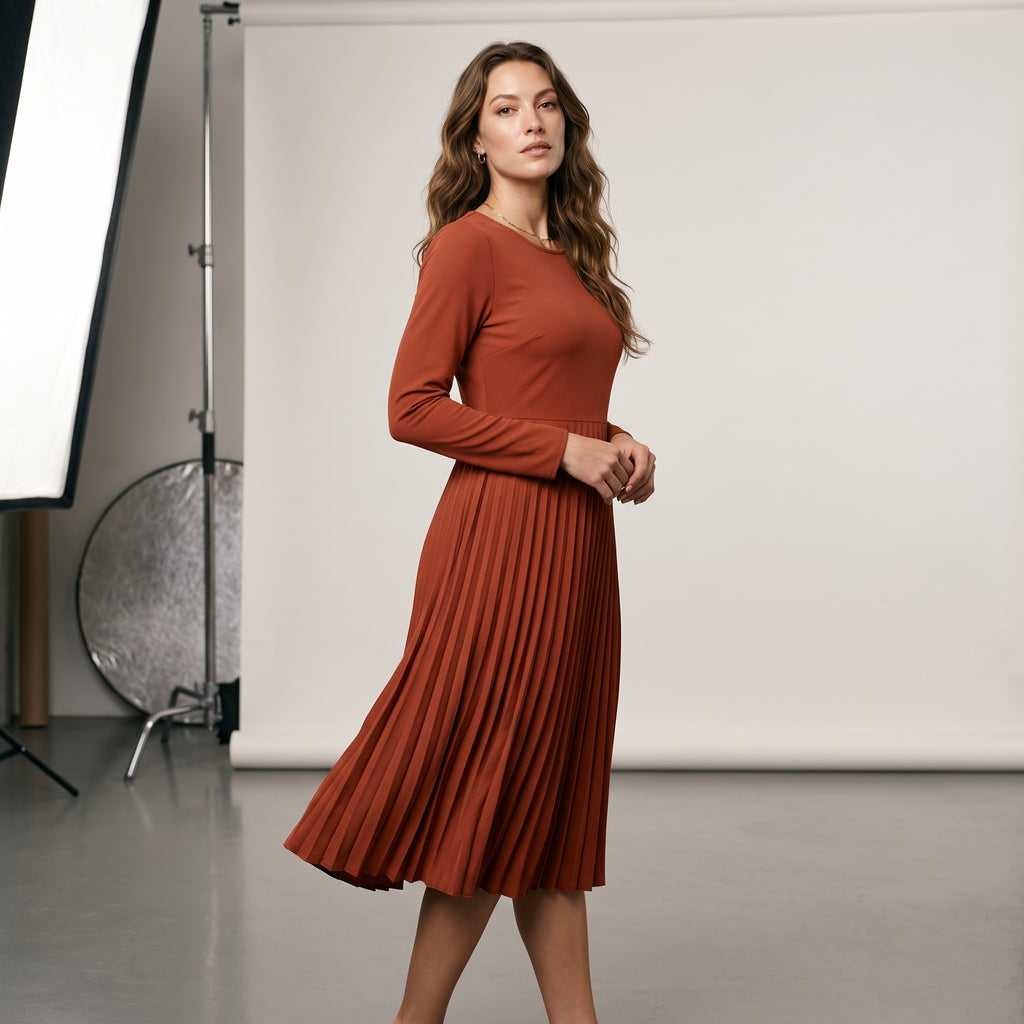 Women's Casual Long Sleeve Midi Dress with Pockets – Versatile for Every Occasion