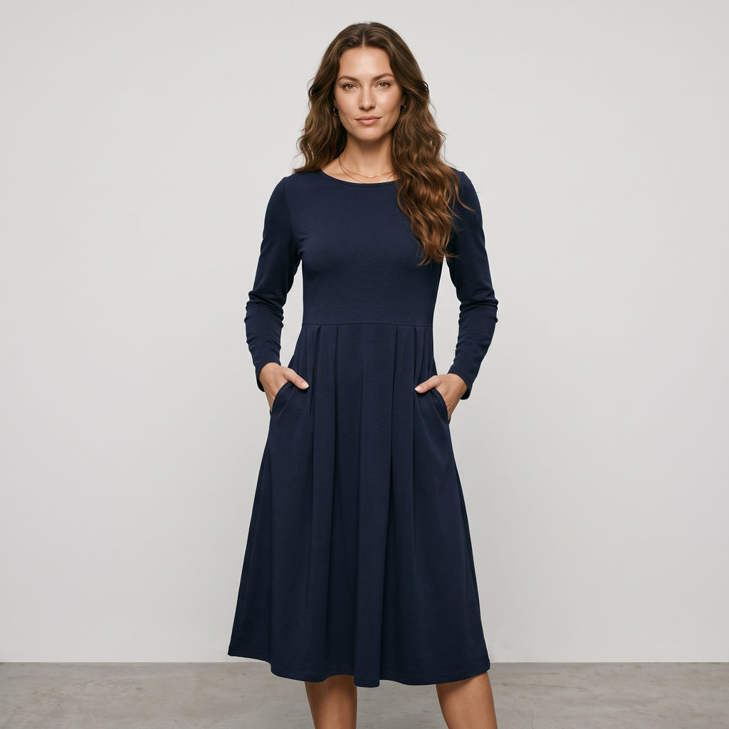 Women's Casual Long Sleeve Midi Dress with Pockets – Versatile for Every Occasion