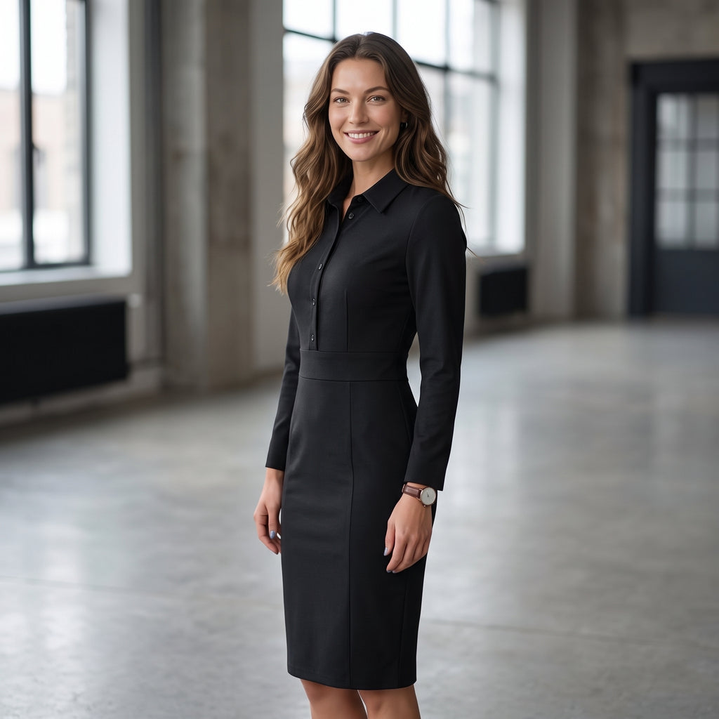 Women's Black Shirt Midi Dress Turn Down Collar Long Sleeve Button Front Slim Fit Formal Elegant Spring Summer Office Work Dress