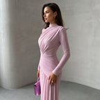 Sisterlinda Folds Maxi Dress Women O-Neck Full Sleeve Solid Banquet Elegant Vacation Fashion Autumn Skinny Casual Simple Vestido