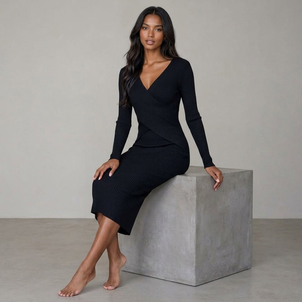 YuooMuoo Autumn Winter 2025 Women Dress Elegant Cross V-neck Slim Waist Knitted Bodycon Dress Korean Office Lady Vestidos