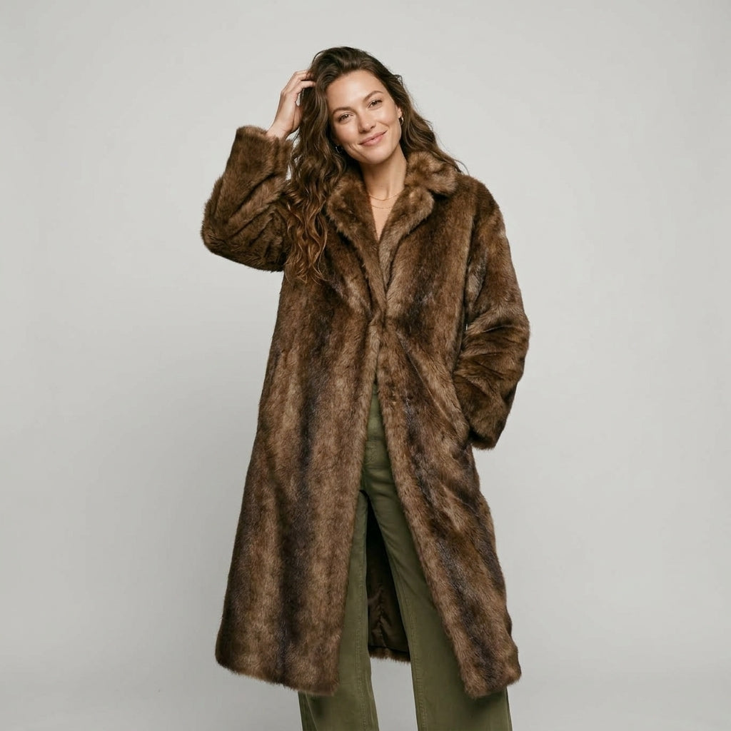 Women's Dark Brown Faux Fur Long Overcoat Single Breasted Fleece Long Trench Coat Winter Fluffy Plush Warm New Thicken Outerwear