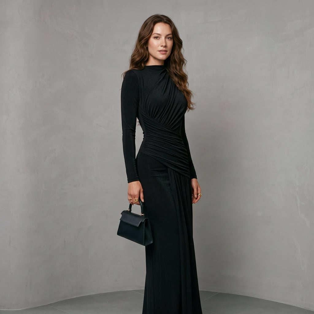 Sisterlinda Folds Maxi Dress Women O-Neck Full Sleeve Solid Banquet Elegant Vacation Fashion Autumn Skinny Casual Simple Vestido