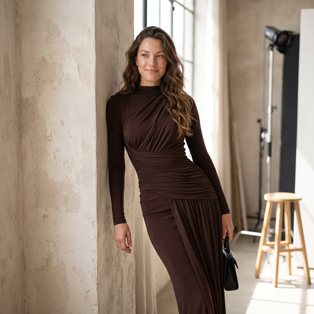 Sisterlinda Folds Maxi Dress Women O-Neck Full Sleeve Solid Banquet Elegant Vacation Fashion Autumn Skinny Casual Simple Vestido