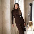 Sisterlinda Folds Maxi Dress Women O-Neck Full Sleeve Solid Banquet Elegant Vacation Fashion Autumn Skinny Casual Simple Vestido
