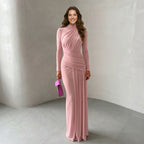 Sisterlinda Folds Maxi Dress Women O-Neck Full Sleeve Solid Banquet Elegant Vacation Fashion Autumn Skinny Casual Simple Vestido