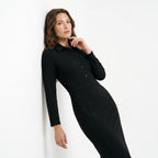 Women's Black Shirt Midi Dress Turn Down Collar Long Sleeve Button Front Slim Fit Formal Elegant Spring Summer Office Work Dress