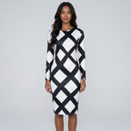 Women Black White Diamond Plaid Long Sleeve Bodycon Midi Dress Round Neck Slim Fit Evening Club Party Sheath Pencil Dress