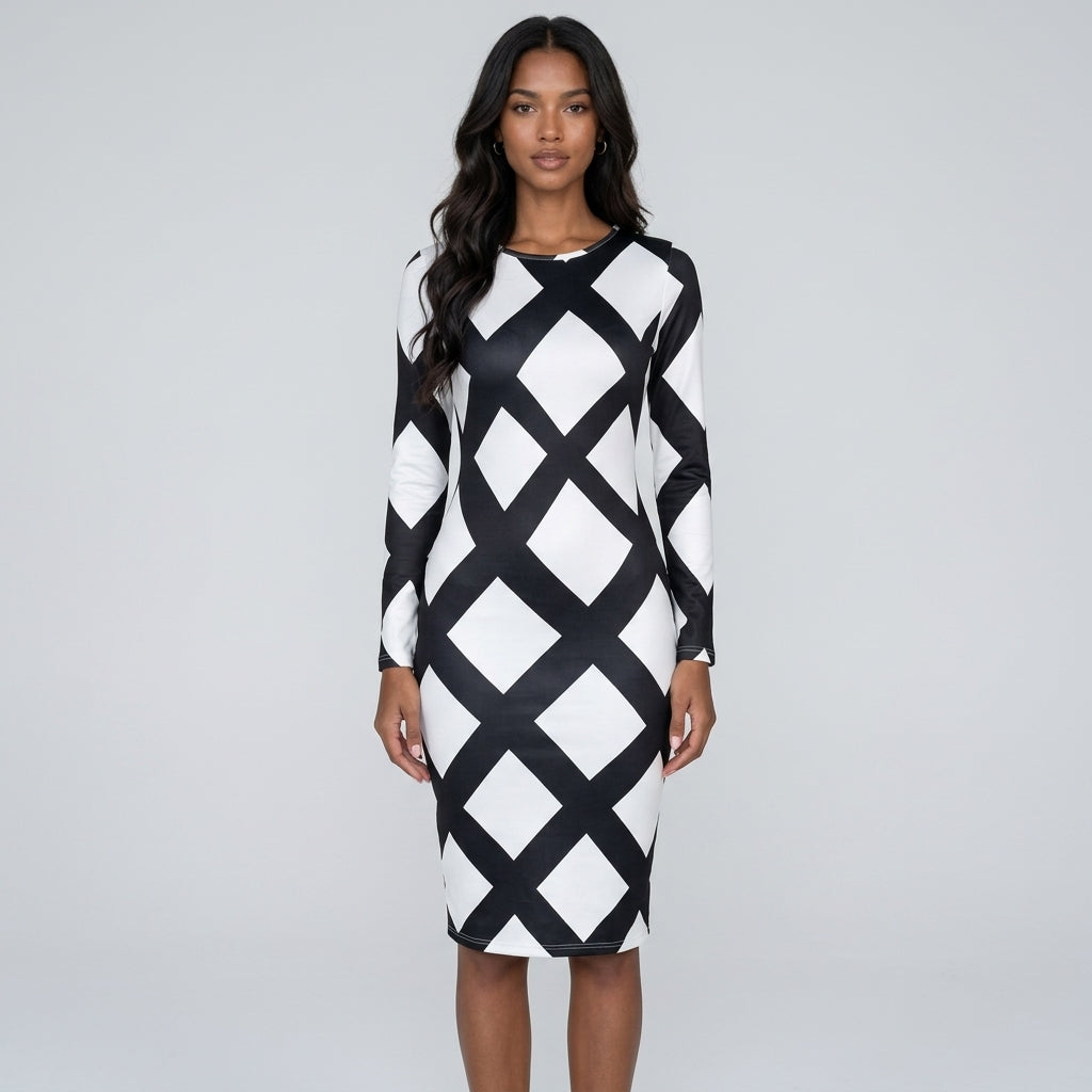 Women Black White Diamond Plaid Long Sleeve Bodycon Midi Dress Round Neck Slim Fit Evening Club Party Sheath Pencil Dress