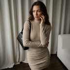 Fashionable Casual Ribbed Knit Women's Solid Color High Collar Long Sleeve Simple Short Dress