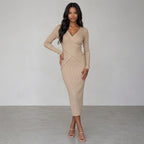 YuooMuoo Autumn Winter 2025 Women Dress Elegant Cross V-neck Slim Waist Knitted Bodycon Dress Korean Office Lady Vestidos