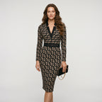 Women's Sexy Geometric Pattern V-Neck Midi Pencil Dress with Belt, Long Sleeve Knit Bodycon Dress, Suitable for All Seasons