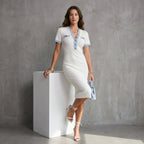 Women Elegant Color Block Knit Midi Dress V Neck Button Bodycon Pencil Dress Casual Office Slim Short Sleeve Party Dresses