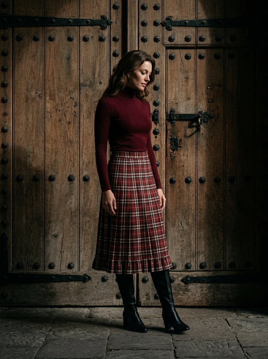 Women's Retro Plaid 2-Piece Set – Ribbed Knit Top & Midi Skirt