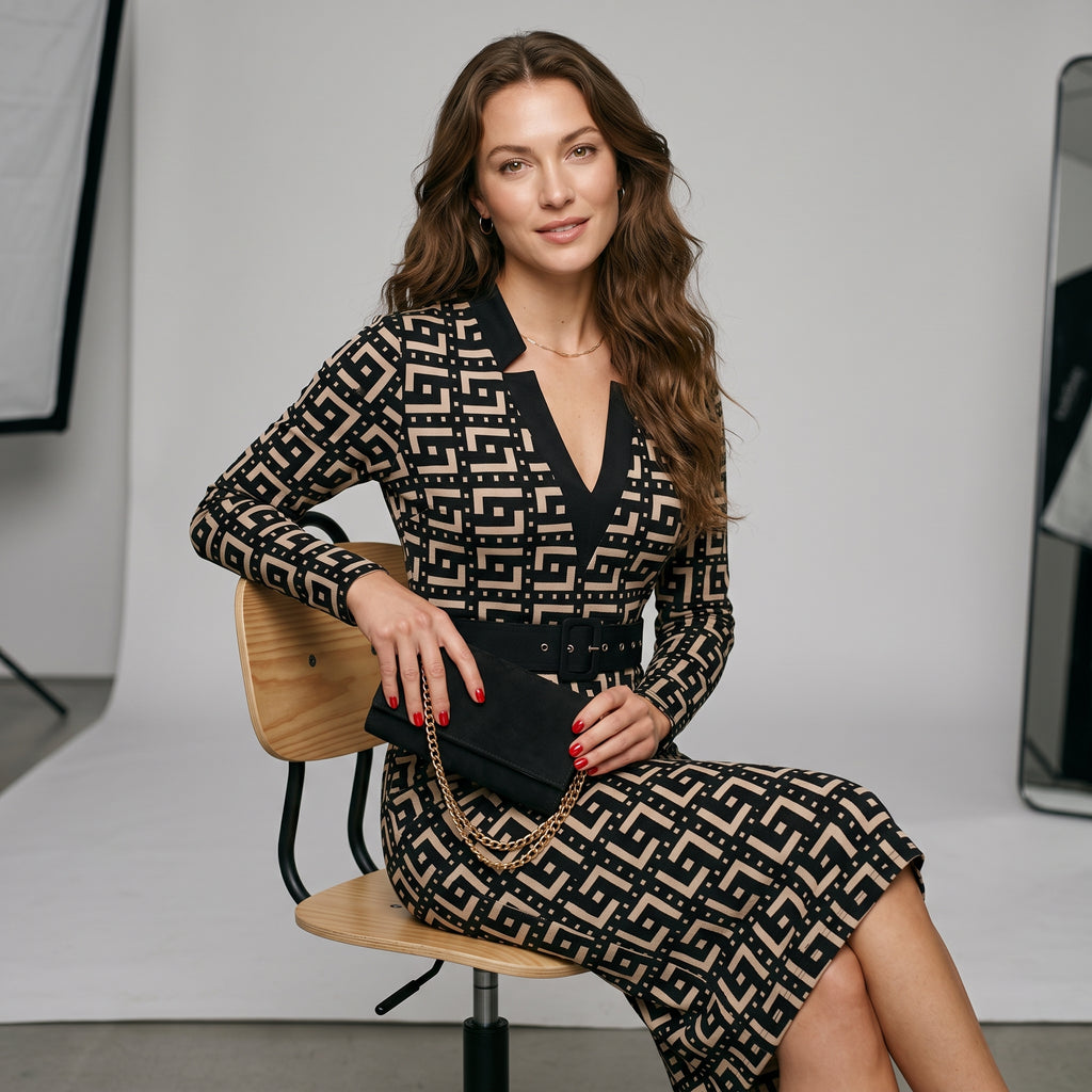 Women's Sexy Geometric Pattern V-Neck Midi Pencil Dress with Belt, Long Sleeve Knit Bodycon Dress, Suitable for All Seasons