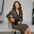 Women's Sexy Geometric Pattern V-Neck Midi Pencil Dress with Belt, Long Sleeve Knit Bodycon Dress, Suitable for All Seasons