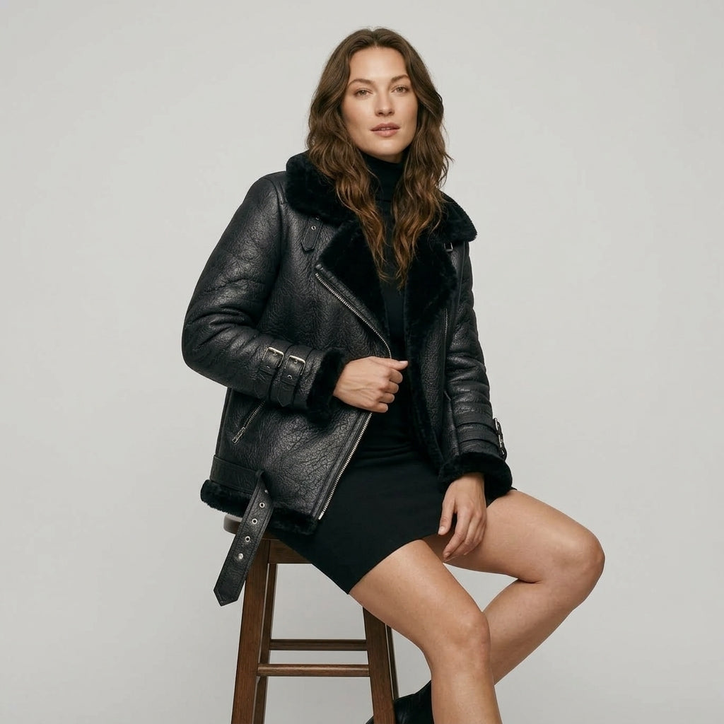 Ailegogo Winter Coats Women Thickness Faux Leather Fur Sheepskin Female Fur Leather Jacket Aviator Outwear Casaco Feminino