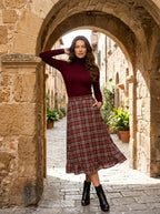 Women's Retro Plaid 2-Piece Set – Ribbed Knit Top & Midi Skirt