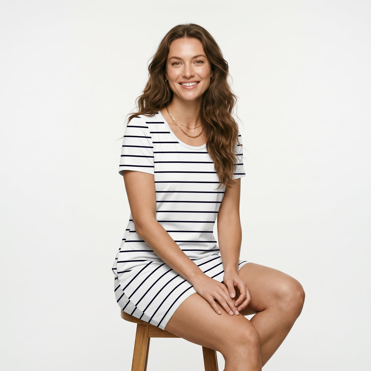 Women's Summer Casual round Neck Striped Dress Short Sleeve Elegant Comfortable Fashionable Mini Skirt