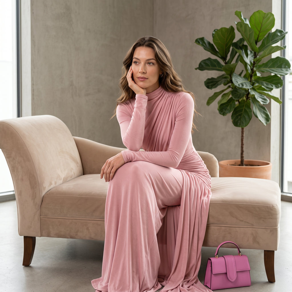 Sisterlinda Folds Maxi Dress Women O-Neck Full Sleeve Solid Banquet Elegant Vacation Fashion Autumn Skinny Casual Simple Vestido