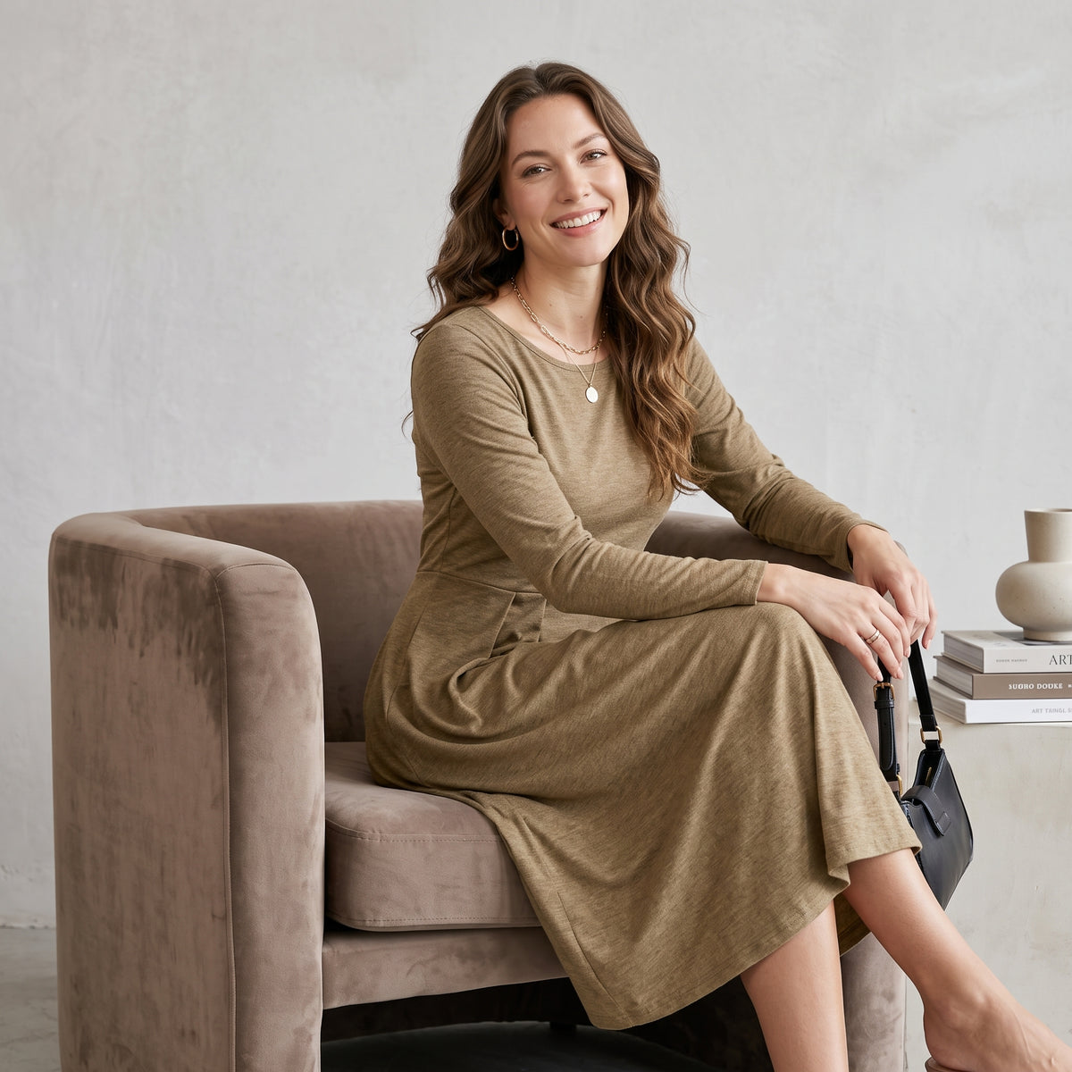 Women's Casual Long Sleeve Midi Dress with Pockets – Versatile for Every Occasion