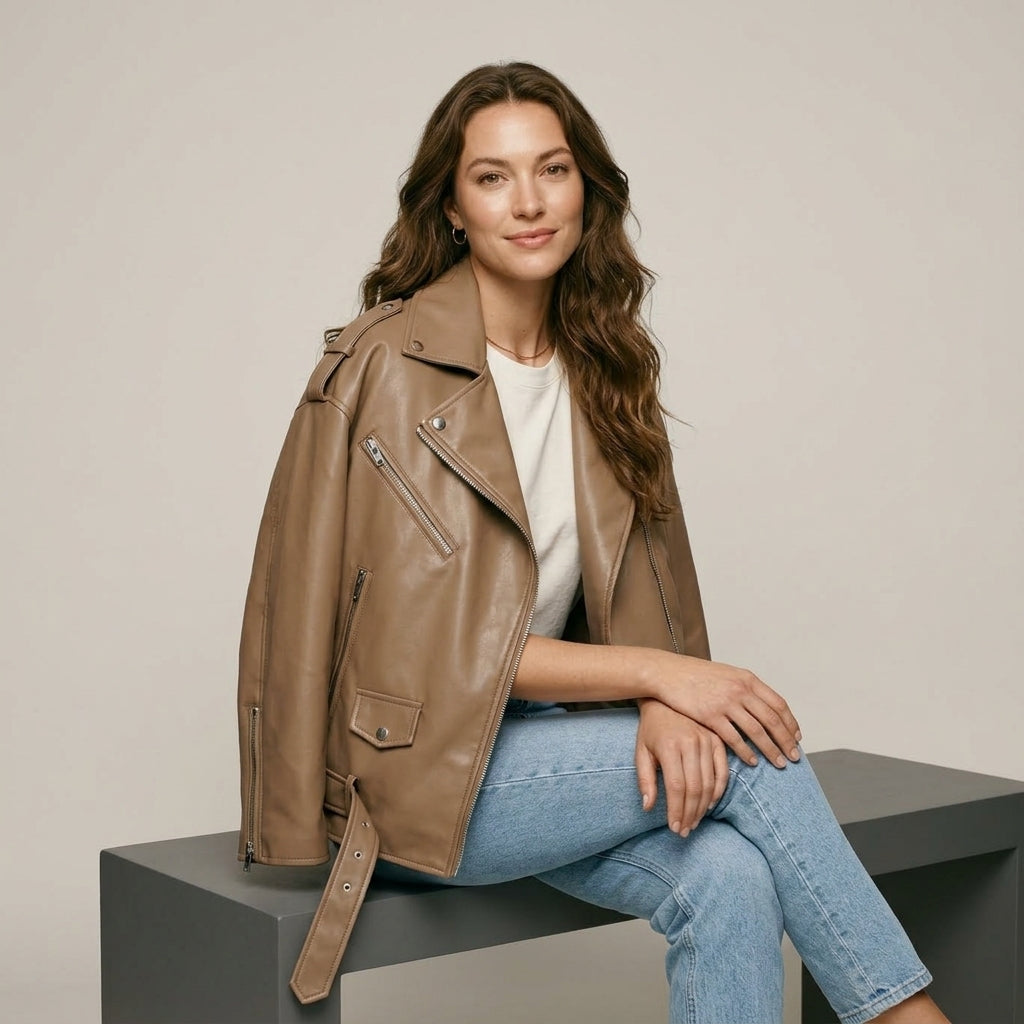 Ailegogo Women Loose Motorcycle Biker Black Pu Faux Leather Jacket with Belt Spring Autumn Female Zipper Coat Outwear