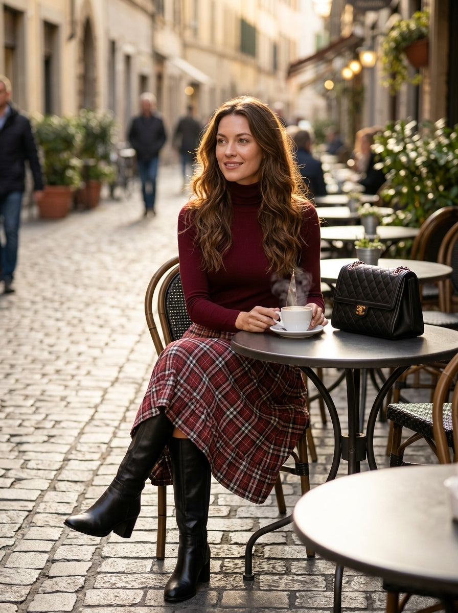 Women's Retro Plaid 2-Piece Set – Ribbed Knit Top & Midi Skirt