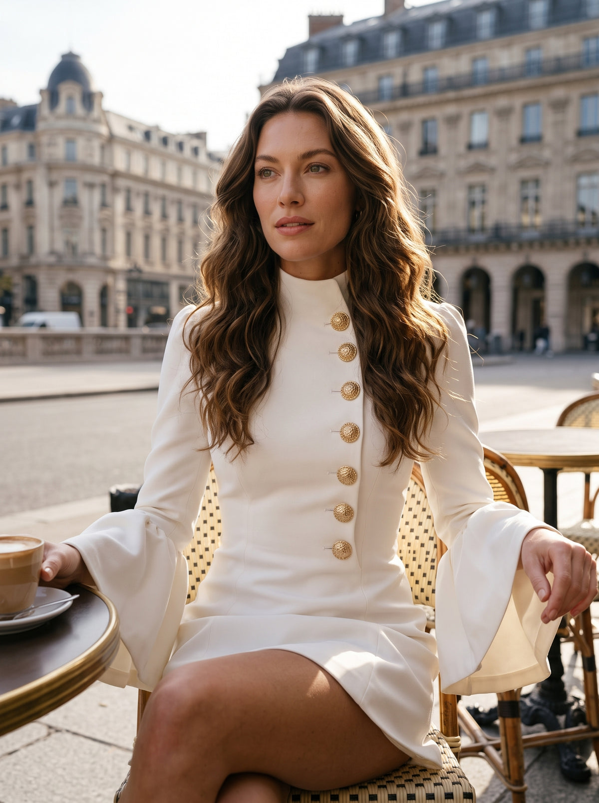 Autumn temperament slim solid colour stand-up collar flared sleeve single-breasted suit dress