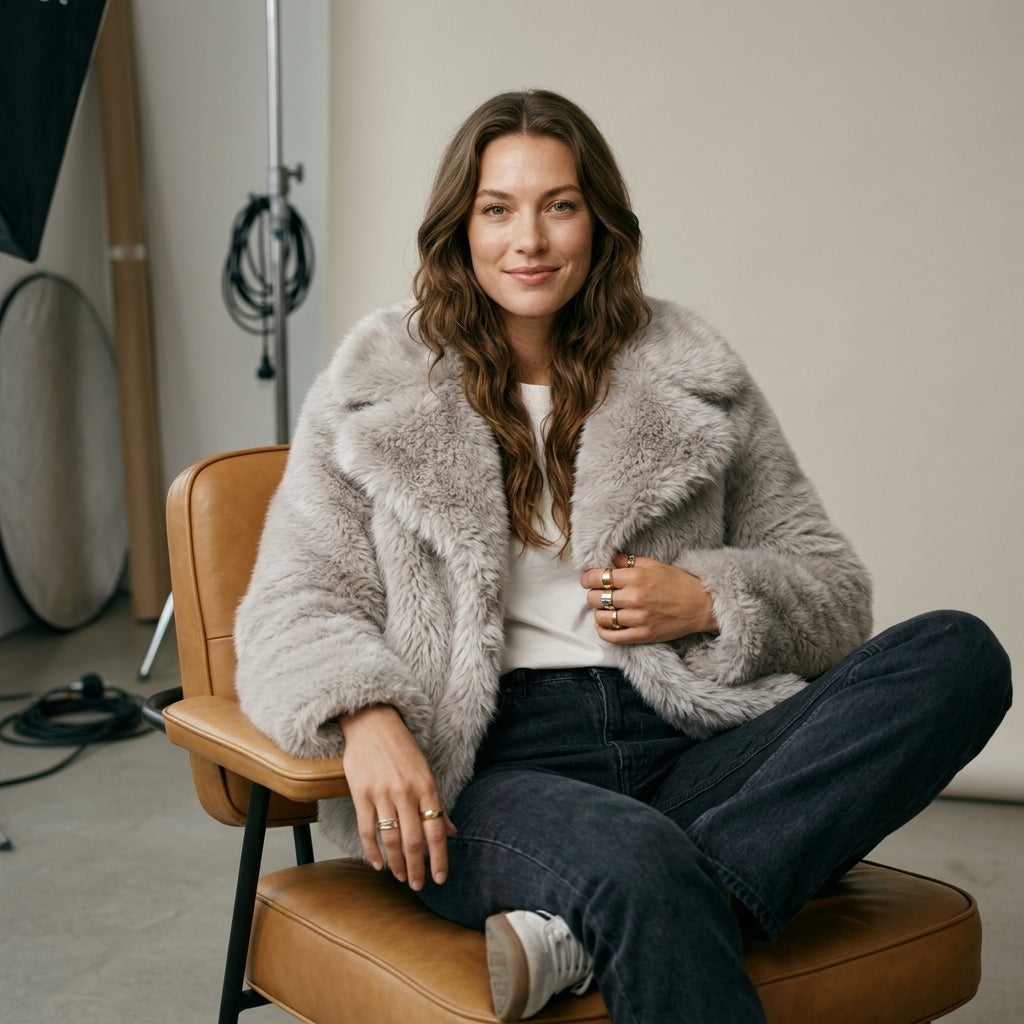 HH Women Fashion Cropped Faux Fur Jacket Coat Long Sleeve Front Snap-button Female Outerwear Chic Lapel Collar Thick Coat
