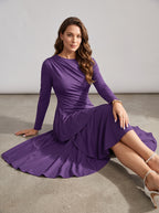 Solid Color Evening Dress, Round Neck, Long Sleeves, Fishtail Skirt, Slim Fit, Elegant Mid-Length Dress