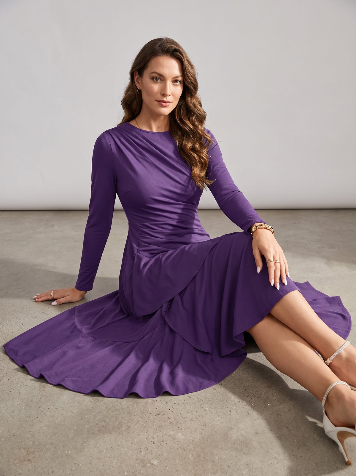 Solid Color Evening Dress, Round Neck, Long Sleeves, Fishtail Skirt, Slim Fit, Elegant Mid-Length Dress