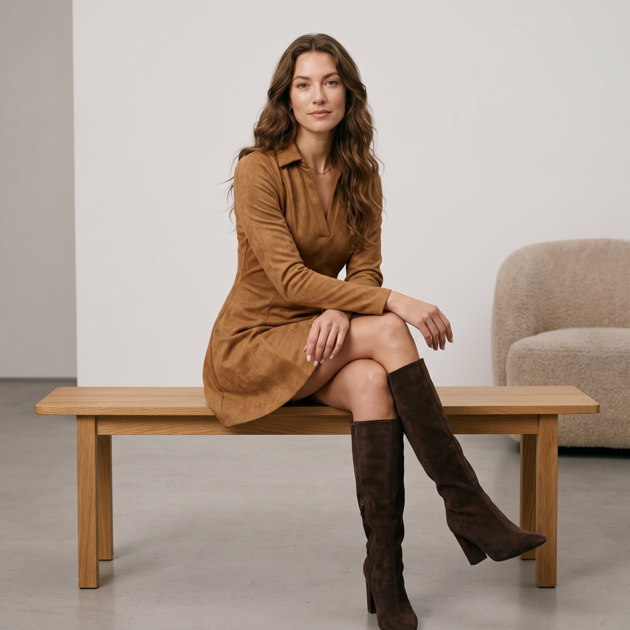 2025 New Arrival Women's Camel Suede Collared V-Neck Long Sleeve Slim A-Line Mini Dress Autumn Winter Daily Date Office
