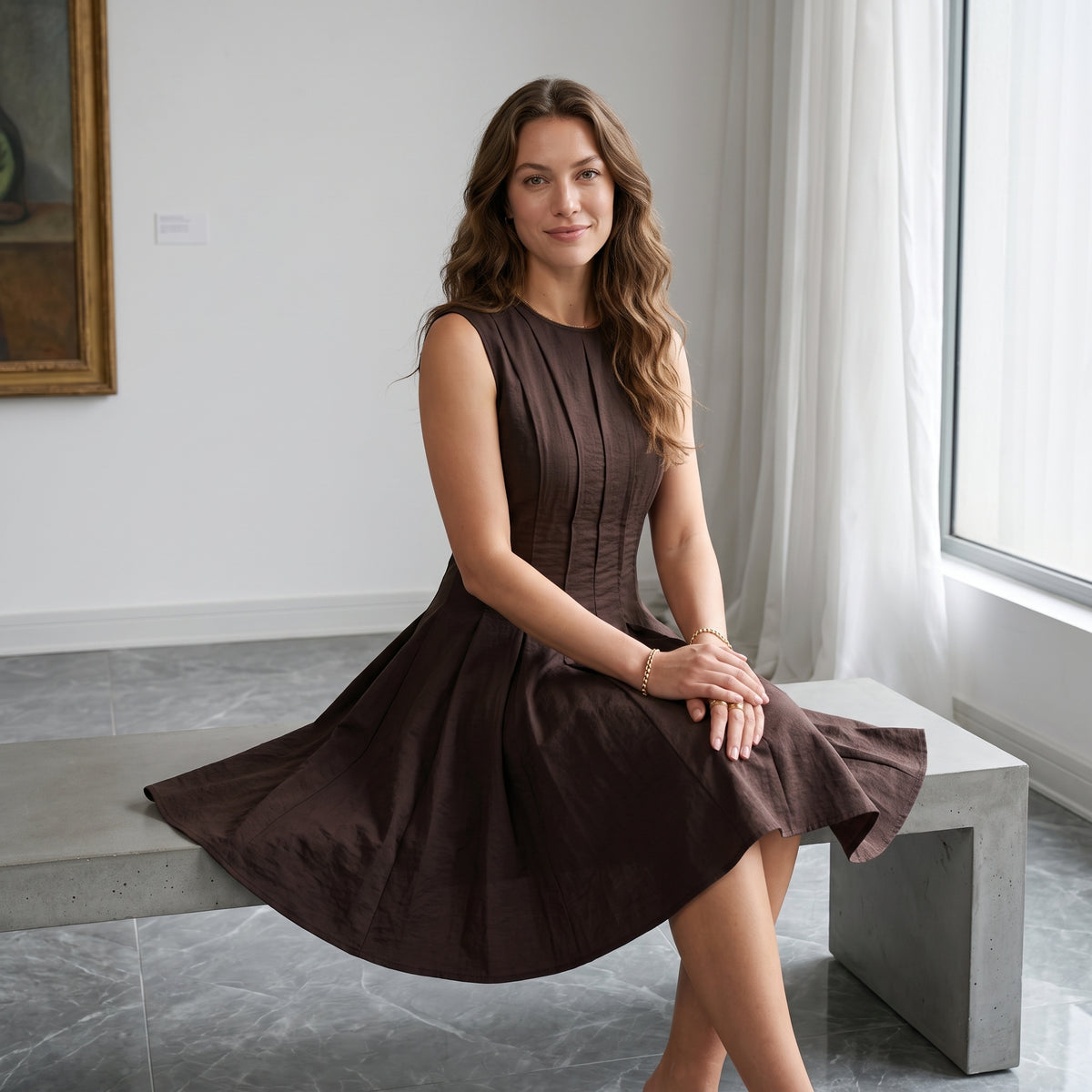 Women Mini Dress Sleeveless Crew Neck Seamed Waist A-Line Dress Chic Spring Summer Casual Date Brunch Club Night Party Dresses