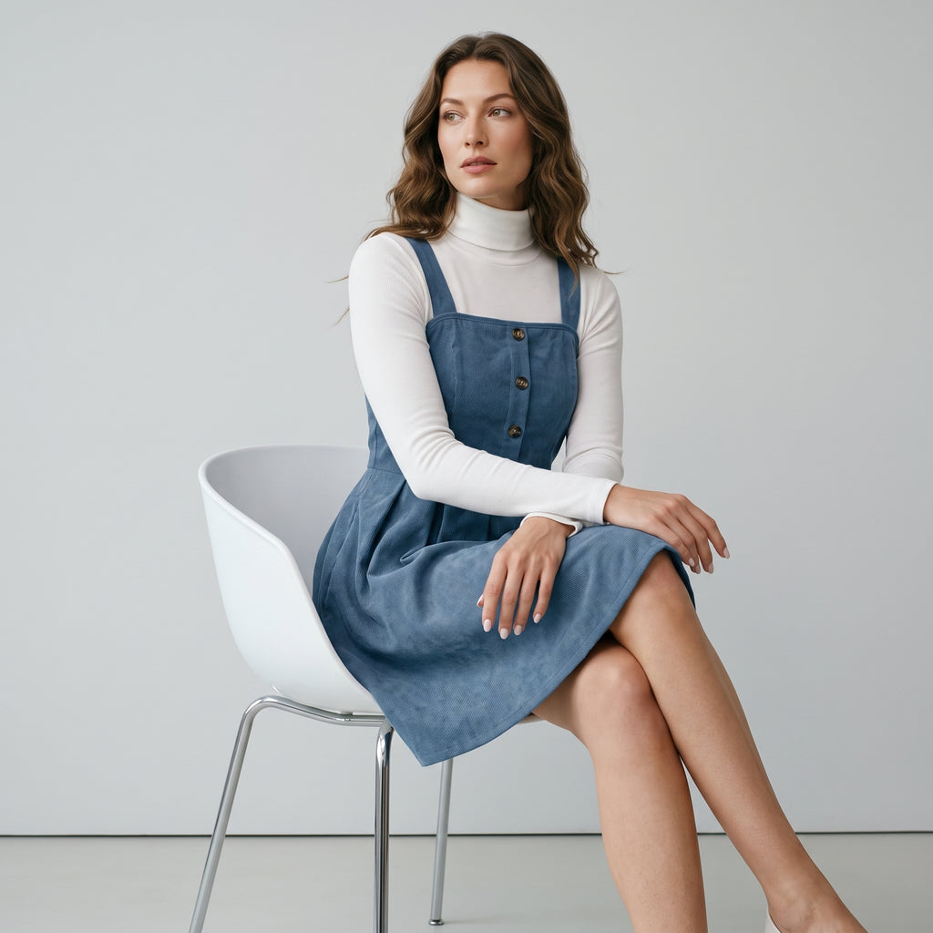 Plus Size Solid Button Front Plicated Pinafore Dress Without Inner Top, Casual Sleeveless High Waist Dress for Spring & Fall
