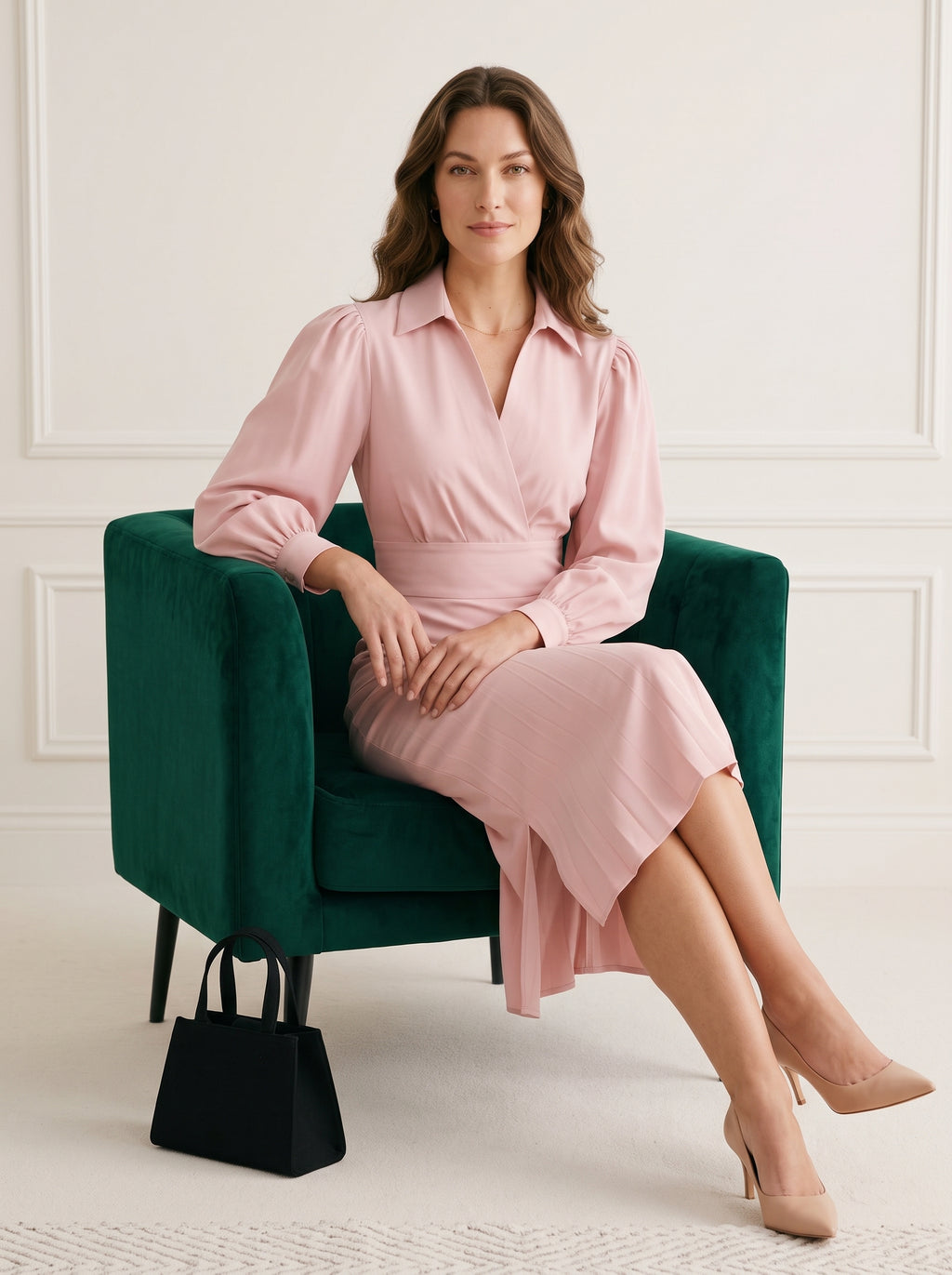 Autumn simple and fashionable V-neck solid colour waist pleated dress women's clothing