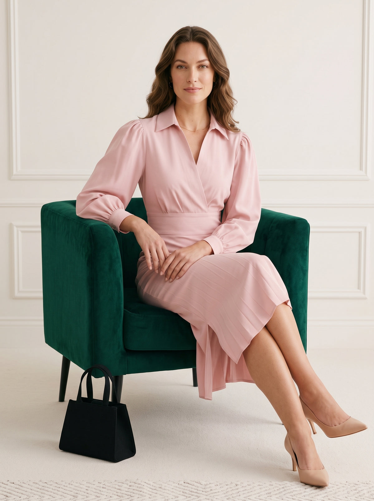 Autumn simple and fashionable V-neck solid colour waist pleated dress women's clothing