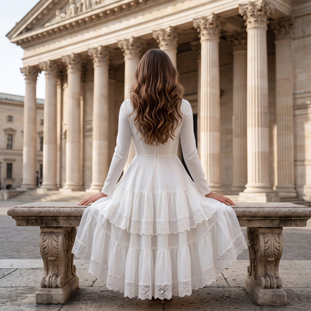 Women Elegant Long Sleeve Midi Dress, Crew Neck High Waist Tiered Lace Ruffle A‑Line Cocktail Party Dress Formal Wedding Guest Evening Dresses