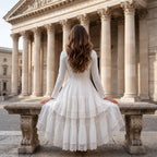Women Elegant Long Sleeve Midi Dress, Crew Neck High Waist Tiered Lace Ruffle A‑Line Cocktail Party Dress Formal Wedding Guest Evening Dresses