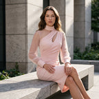 Women Mock Neck Mesh Long Sleeve Midi Dress Asymmetric Ruched Waist Slim Bodycon Elegant Wedding