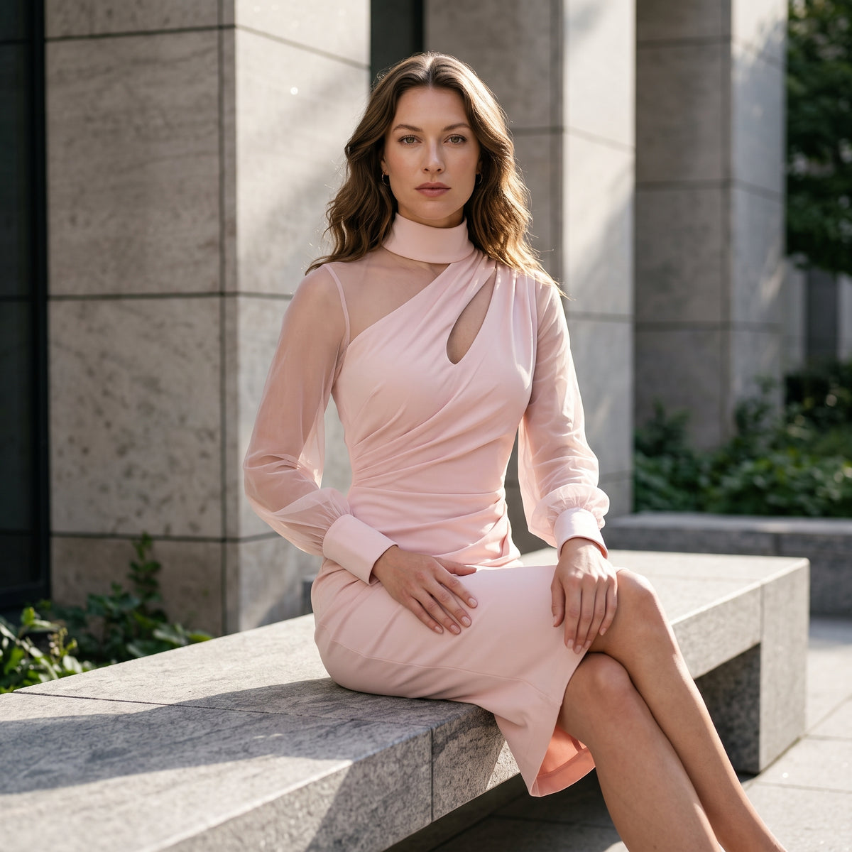 Women Mock Neck Mesh Long Sleeve Midi Dress Asymmetric Ruched Waist Slim Bodycon Elegant Wedding