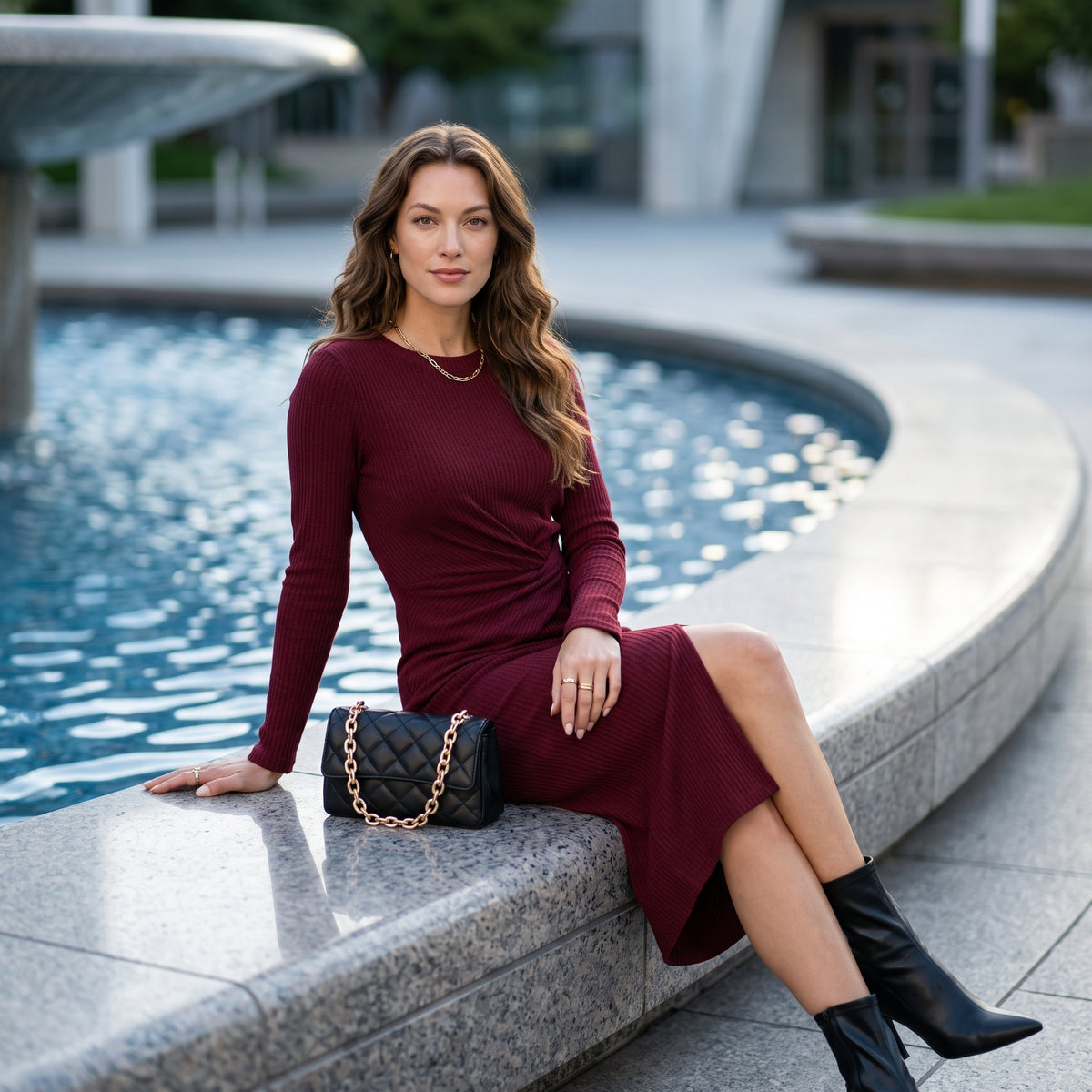 Women's Solid Color Round Neck Belted Slit Hem Midi Dress Casual Long Sleeve Shift Office Autumn