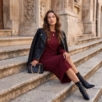 Women's Solid Color Round Neck Belted Slit Hem Midi Dress Casual Long Sleeve Shift Office Autumn