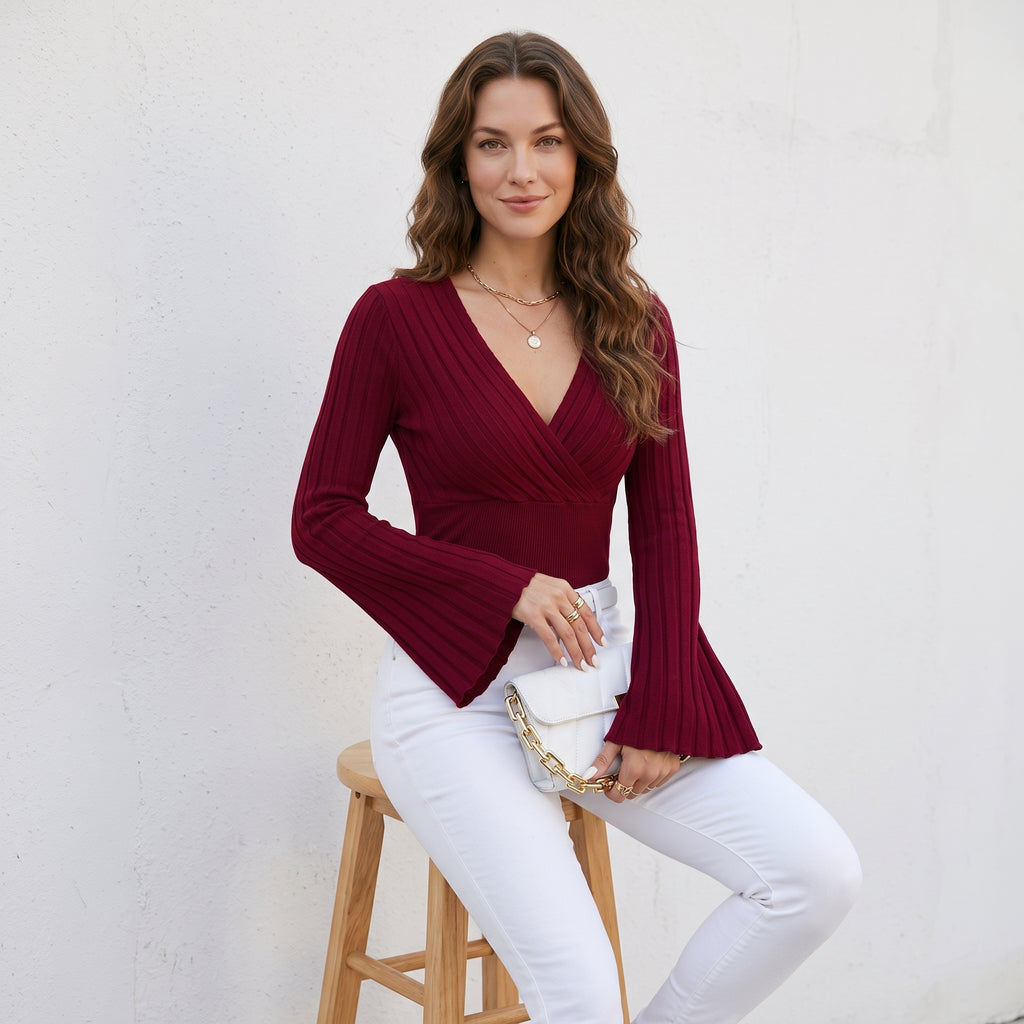 Women's Autumn And Winter Rib Sunken Stripe V-neck Flared Slim-fit Long Sleeve T-shirt Elegant Women's Top