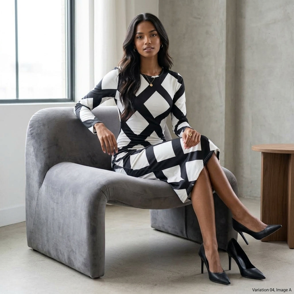 Women Black White Diamond Plaid Long Sleeve Bodycon Midi Dress Round Neck Slim Fit Evening Club Party Sheath Pencil Dress