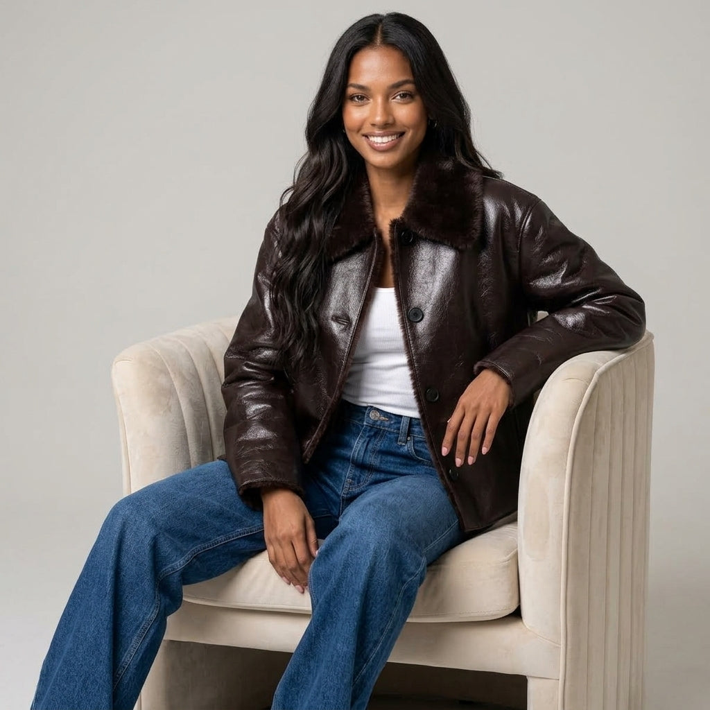 Women's Jacket 2025 Autumn/Winter New Arrivals Dark Brown Long-Sleeve Faux Leather Reversible Jacket Stylish and Unique