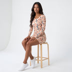 Autumn Women's Casual Round Neck Leaf Print Waist Cinched Long Sleeved Pocket Dress mini Skirt Length