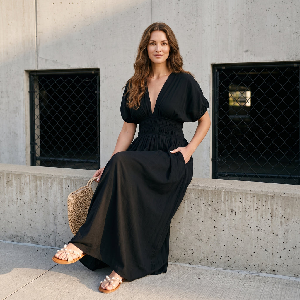 Fashion Bat-sleeved V-neck Slit Dress Summer Short Sleeve Elastic Waist Long Dresses Womens Clothing