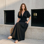 Fashion Bat-sleeved V-neck Slit Dress Summer Short Sleeve Elastic Waist Long Dresses Womens Clothing