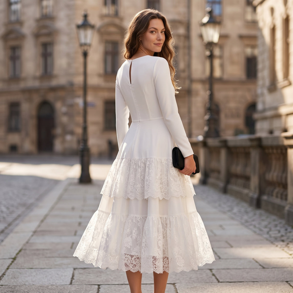 Women Elegant Long Sleeve Midi Dress, Crew Neck High Waist Tiered Lace Ruffle A‑Line Cocktail Party Dress Formal Wedding Guest Evening Dresses